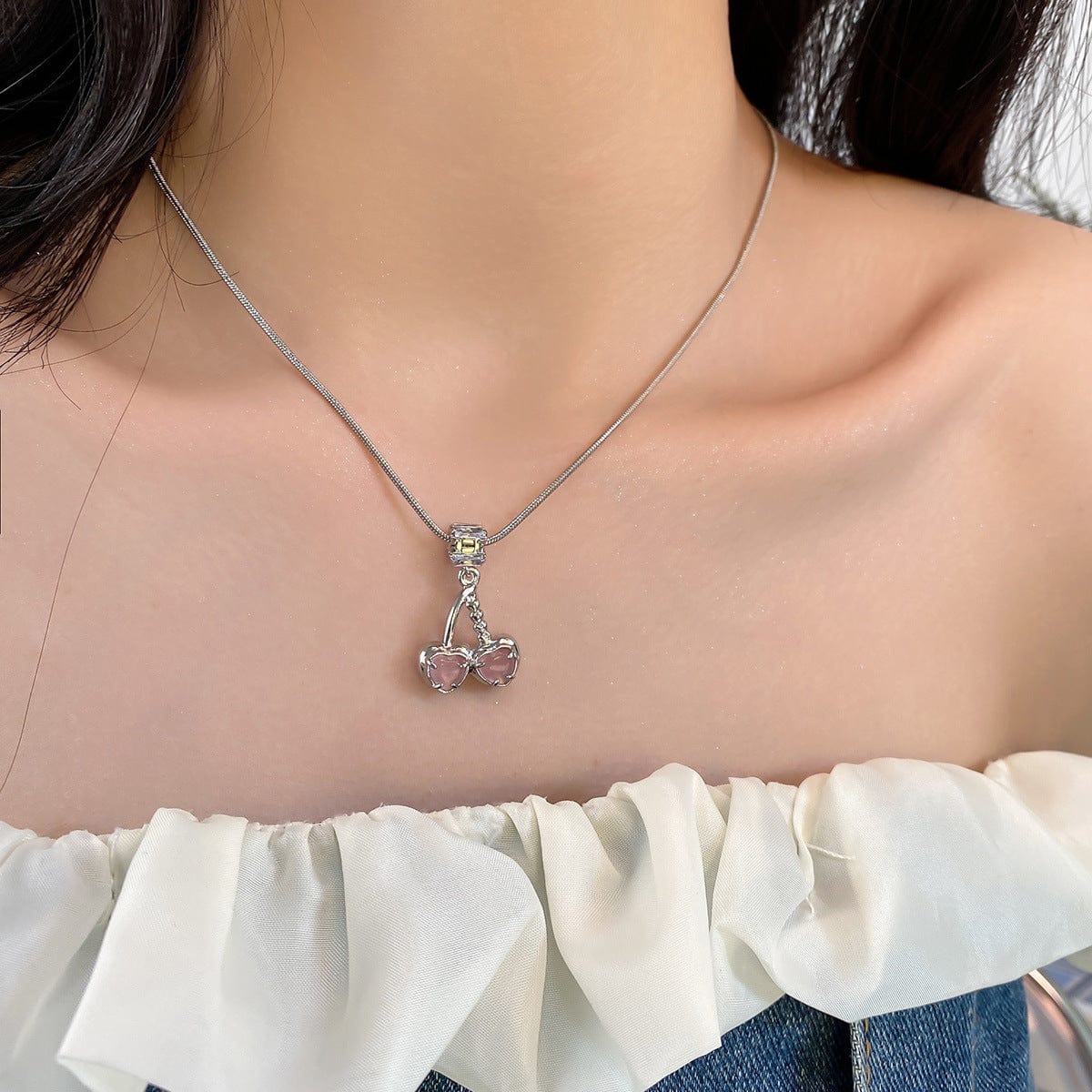 Chic CZ Inlaid Pink Cherry Pendant Necklace - ArtGalleryZen