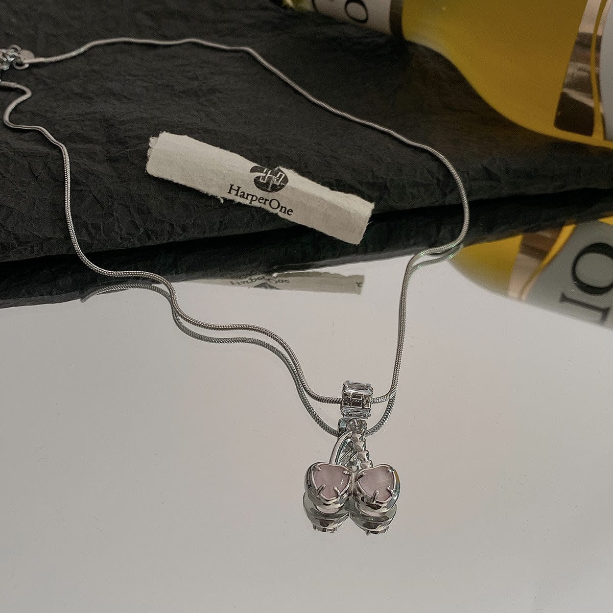 Chic CZ Inlaid Pink Cherry Pendant Necklace - ArtGalleryZen