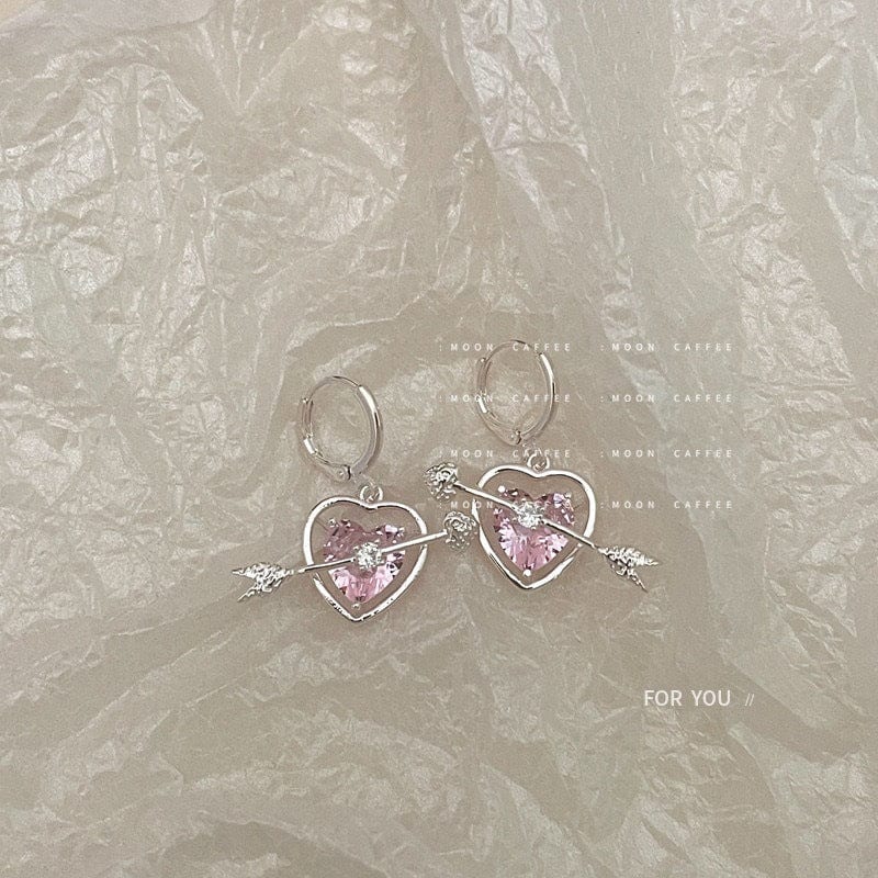 Chic CZ Inlaid Pink Crystal Arrow Heart Earrings - ArtGalleryZen