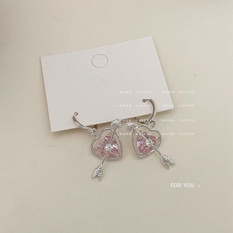 Chic CZ Inlaid Pink Crystal Arrow Heart Earrings - ArtGalleryZen