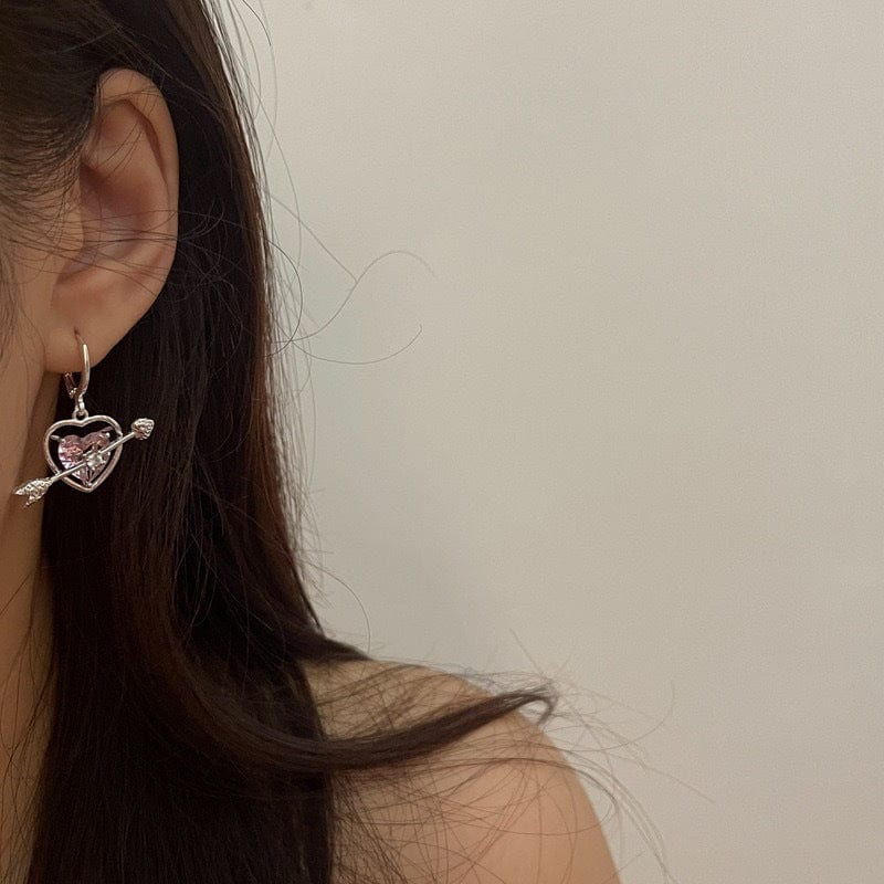 Chic CZ Inlaid Pink Crystal Arrow Heart Earrings - ArtGalleryZen