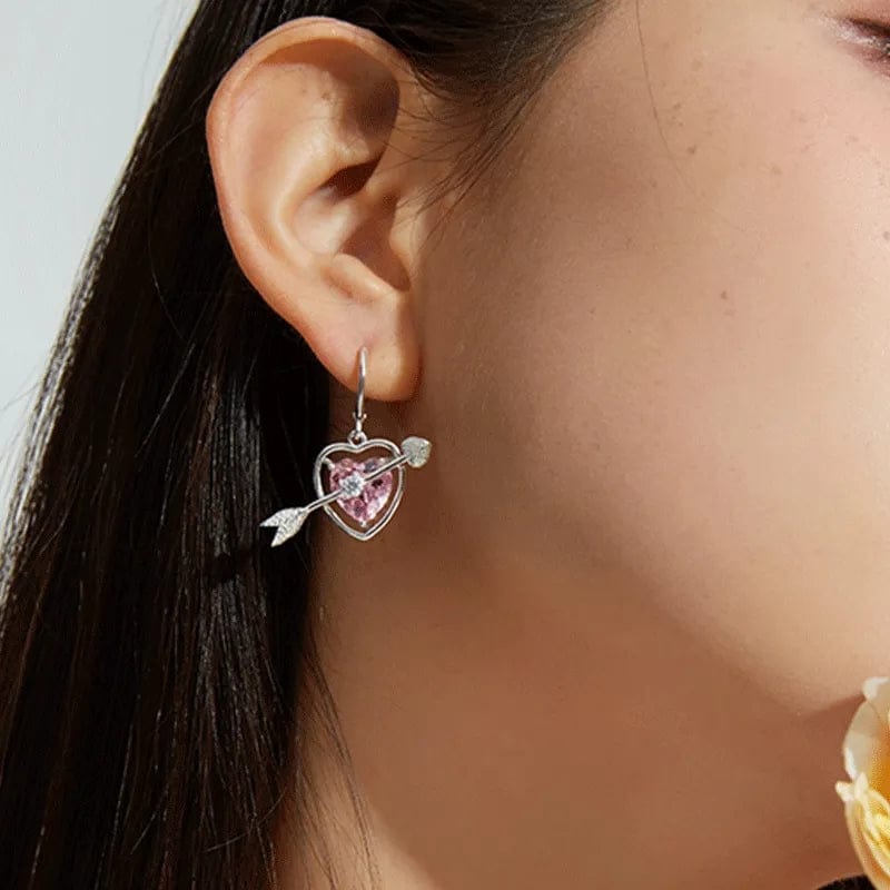 Chic CZ Inlaid Pink Crystal Arrow Heart Earrings - ArtGalleryZen