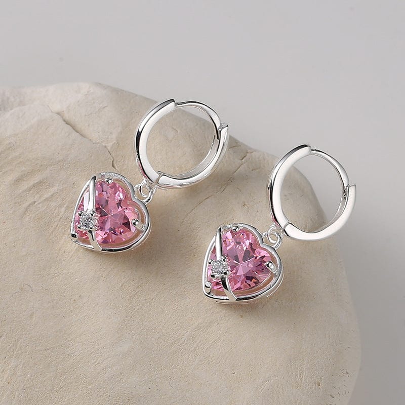 Chic CZ Inlaid Pink Crystal Dangle Heart Earrings - ArtGalleryZen