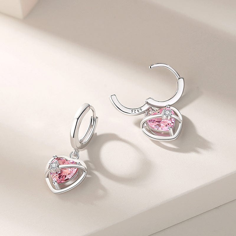 Chic CZ Inlaid Pink Crystal Dangle Heart Earrings - ArtGalleryZen