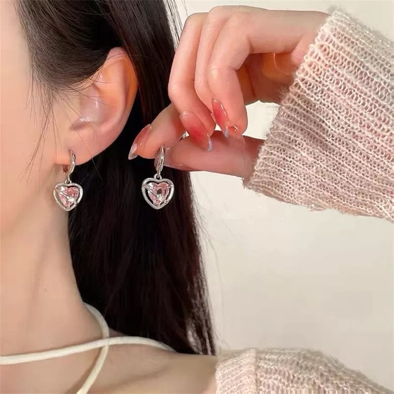 Chic CZ Inlaid Pink Crystal Dangle Heart Earrings - ArtGalleryZen