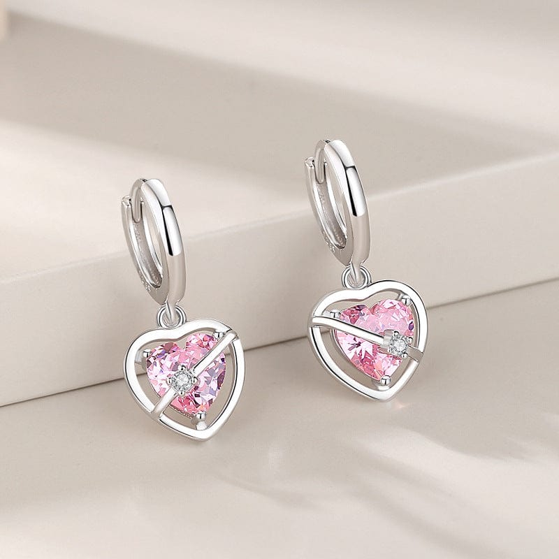 Chic CZ Inlaid Pink Crystal Dangle Heart Earrings - ArtGalleryZen
