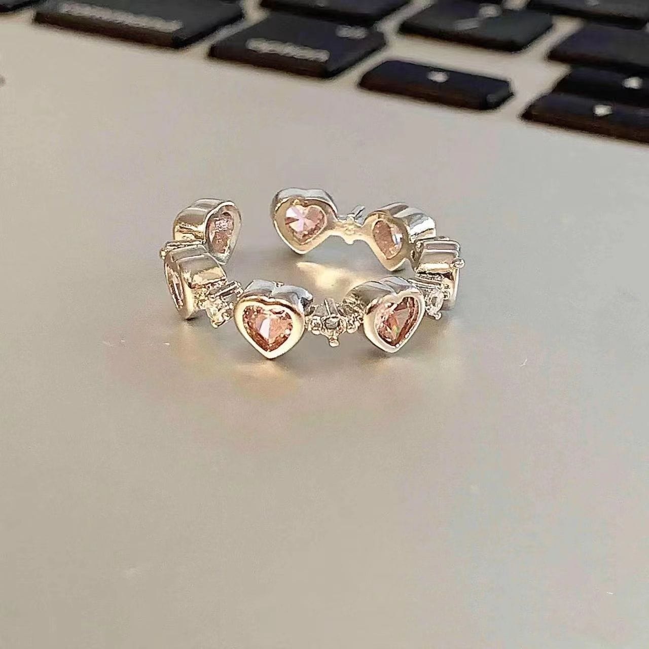 Chic CZ Inlaid Pink Crystal Heart Ring - ArtGalleryZen
