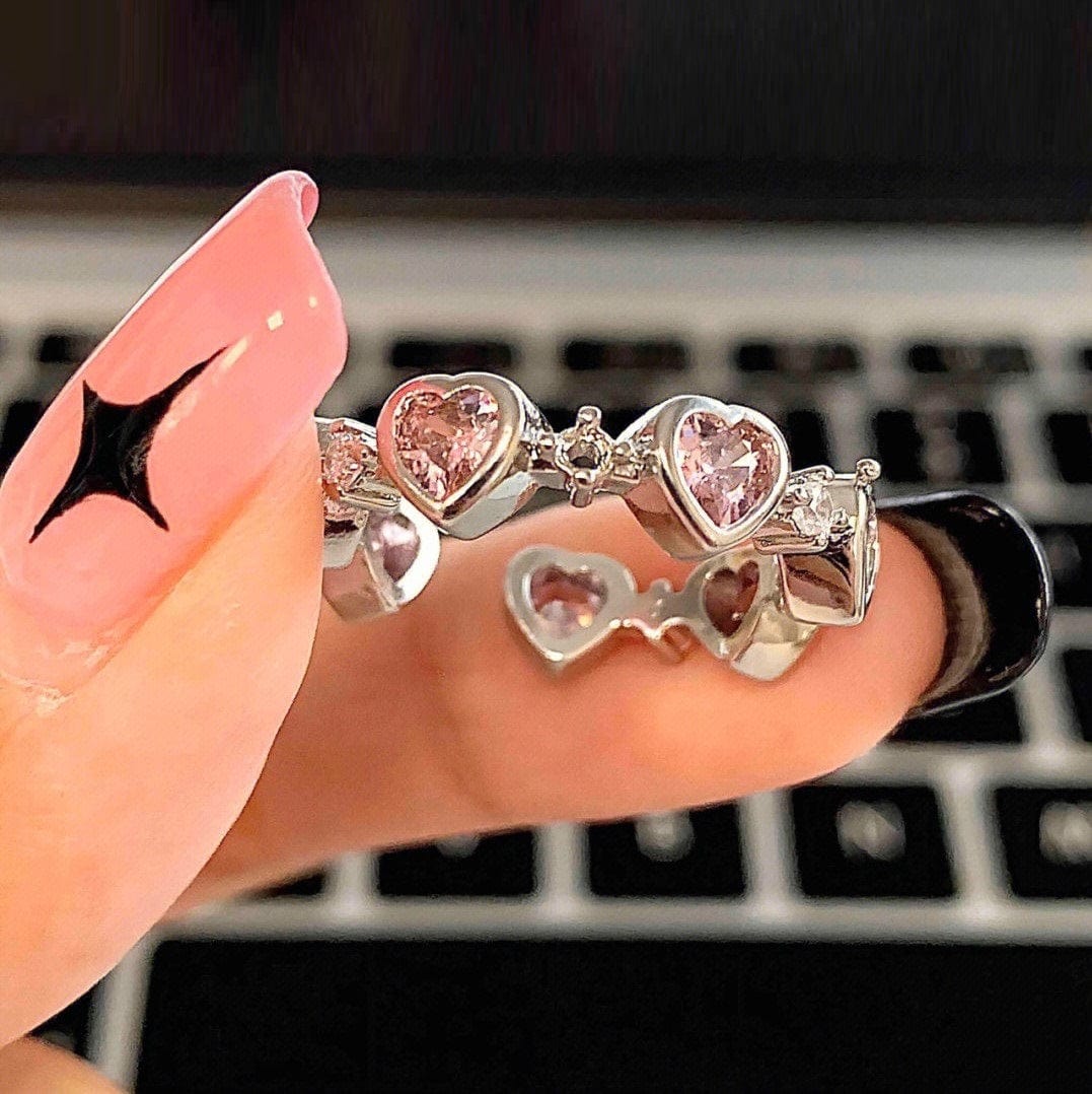 Chic CZ Inlaid Pink Crystal Heart Ring - ArtGalleryZen
