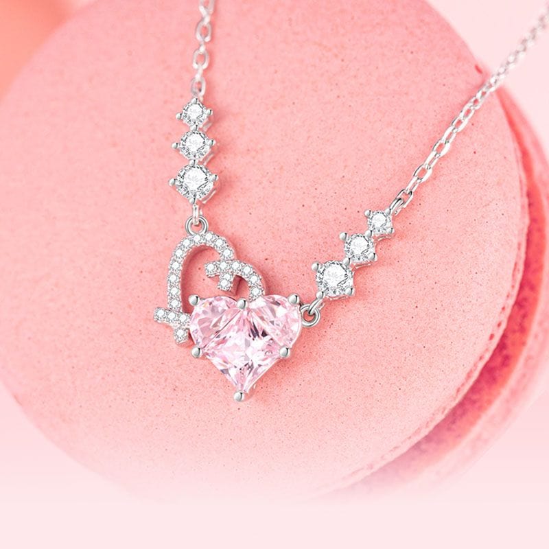 Chic CZ Inlaid Pink Diamond Duo Heart Necklace - ArtGalleryZen