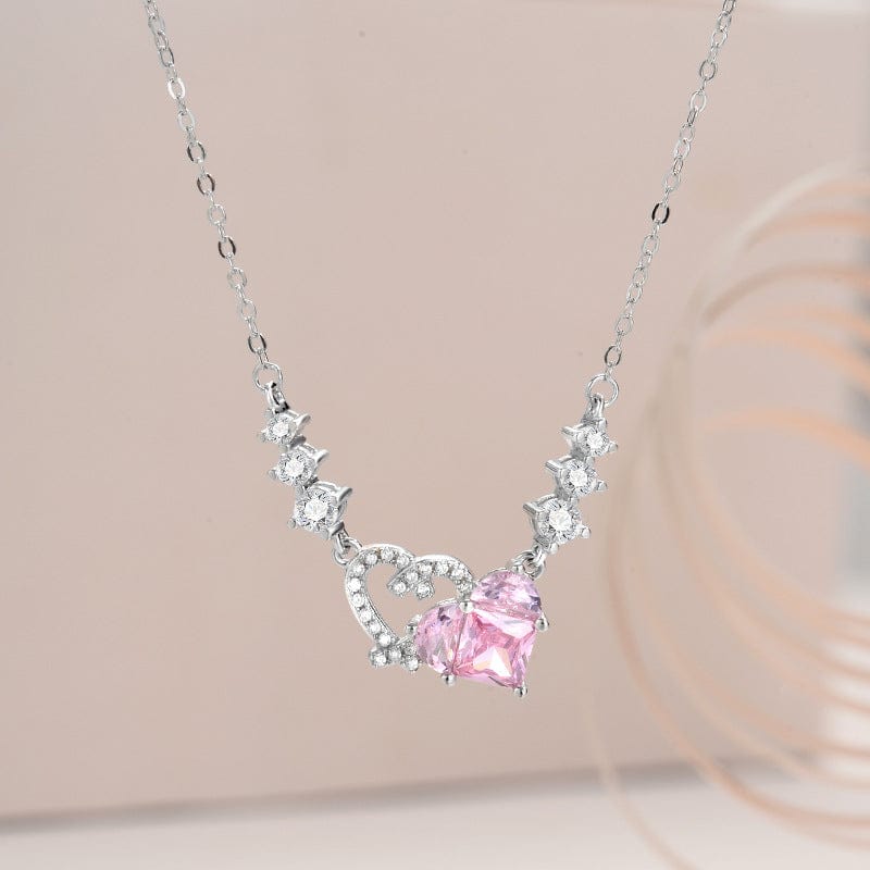 Chic CZ Inlaid Pink Diamond Duo Heart Necklace - ArtGalleryZen