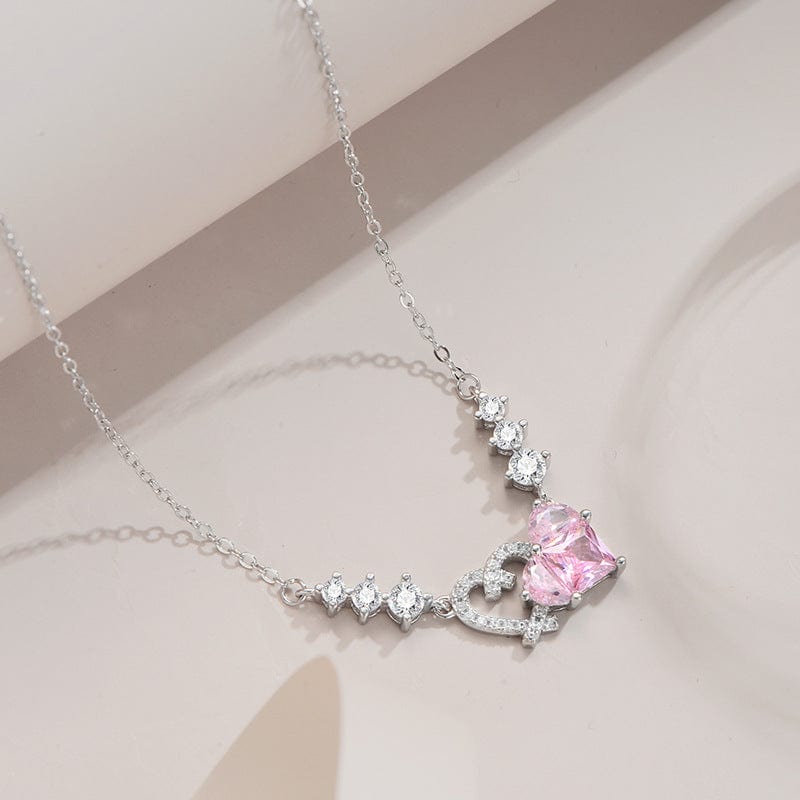 Chic CZ Inlaid Pink Diamond Duo Heart Necklace - ArtGalleryZen