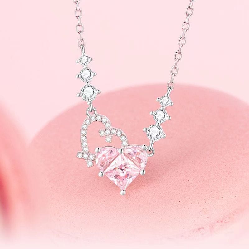Chic CZ Inlaid Pink Diamond Duo Heart Necklace - ArtGalleryZen