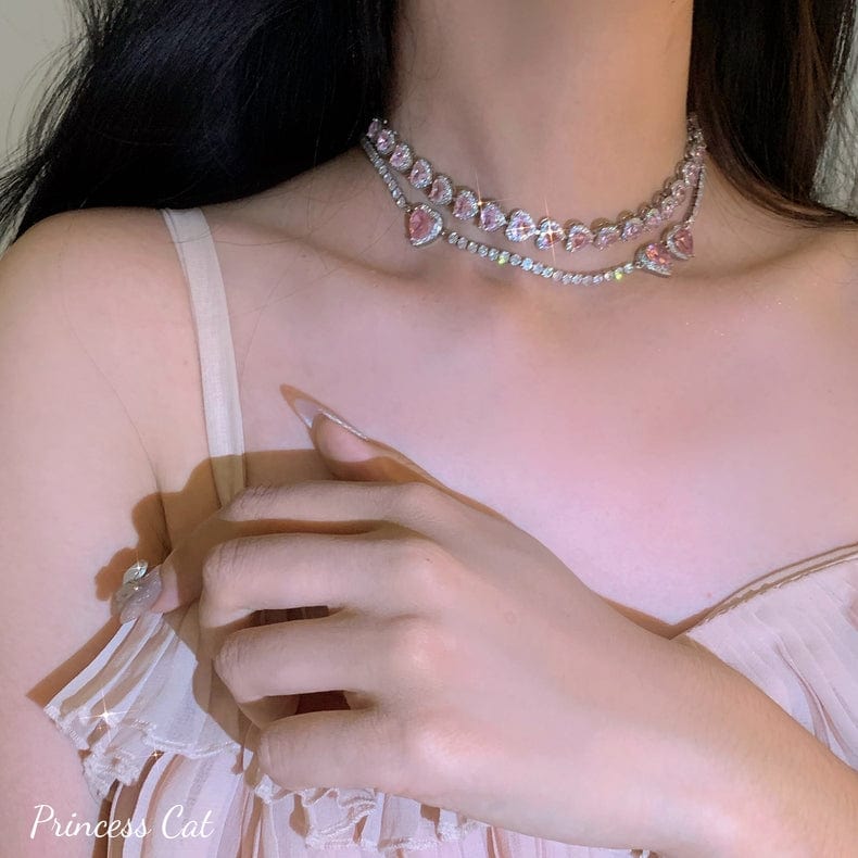 Chic CZ Inlaid Pink Diamond Heart Necklace - ArtGalleryZen