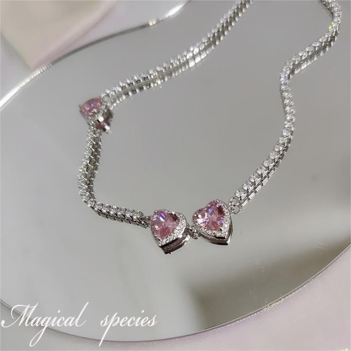 Chic CZ Inlaid Pink Diamond Heart Necklace - ArtGalleryZen
