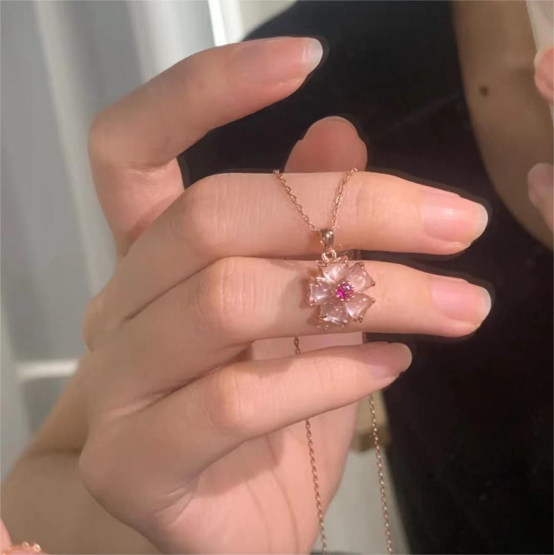 Chic CZ Inlaid Pink Opal Heart Cherry Blossom Pendant Necklace - ArtGalleryZen