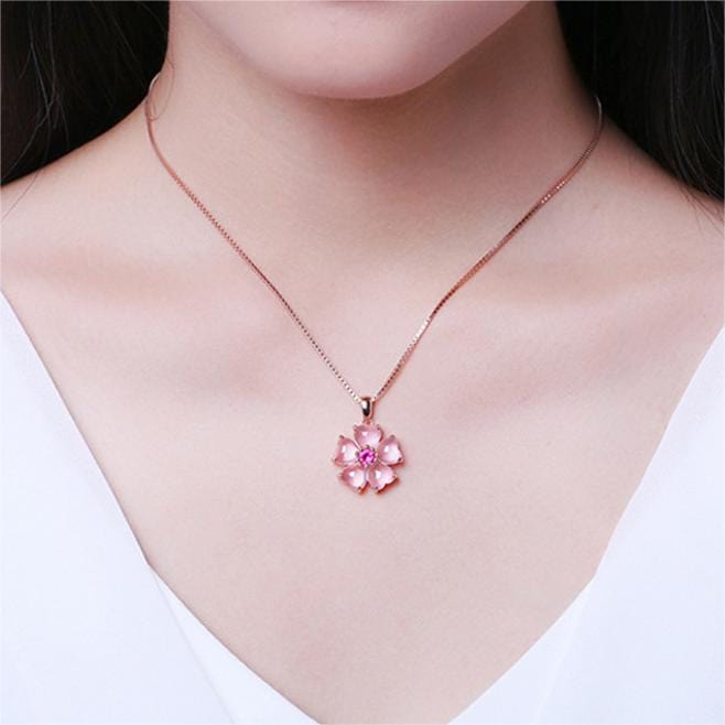 Chic CZ Inlaid Pink Opal Heart Cherry Blossom Pendant Necklace - ArtGalleryZen
