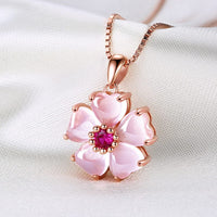 Thumbnail for Chic CZ Inlaid Pink Opal Heart Cherry Blossom Pendant Necklace - ArtGalleryZen
