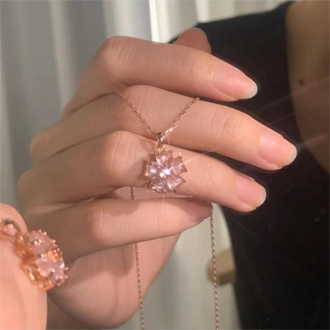Chic CZ Inlaid Pink Opal Heart Cherry Blossom Pendant Necklace - ArtGalleryZen