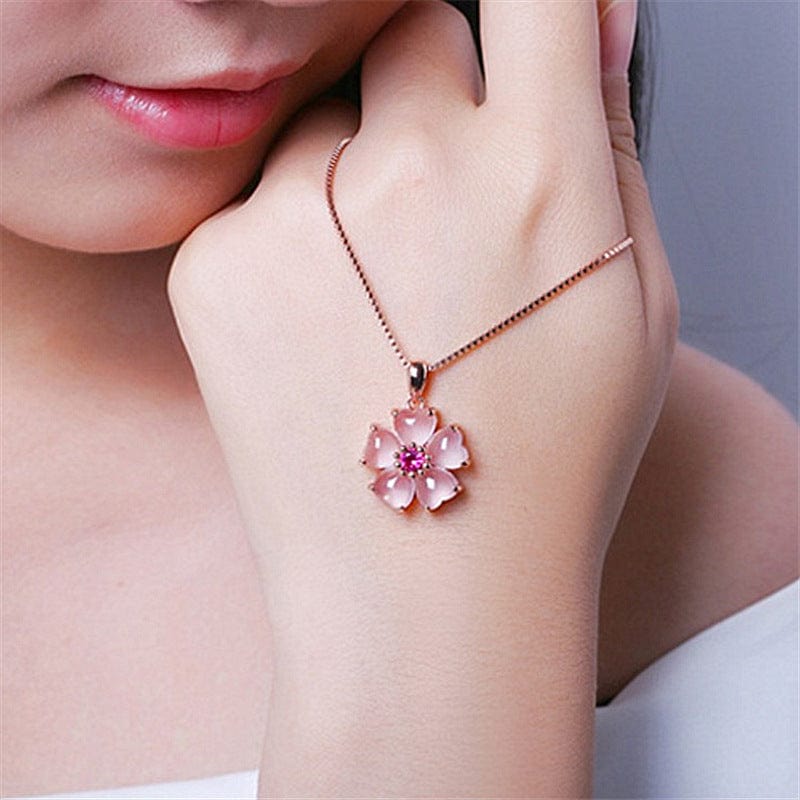 Chic CZ Inlaid Pink Opal Heart Cherry Blossom Pendant Necklace - ArtGalleryZen