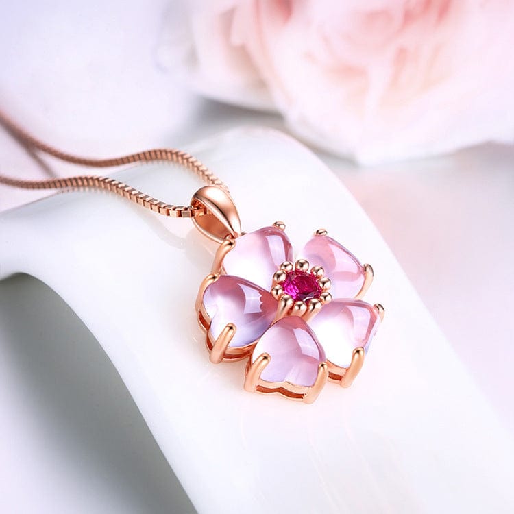 Chic CZ Inlaid Pink Opal Heart Cherry Blossom Pendant Necklace - ArtGalleryZen