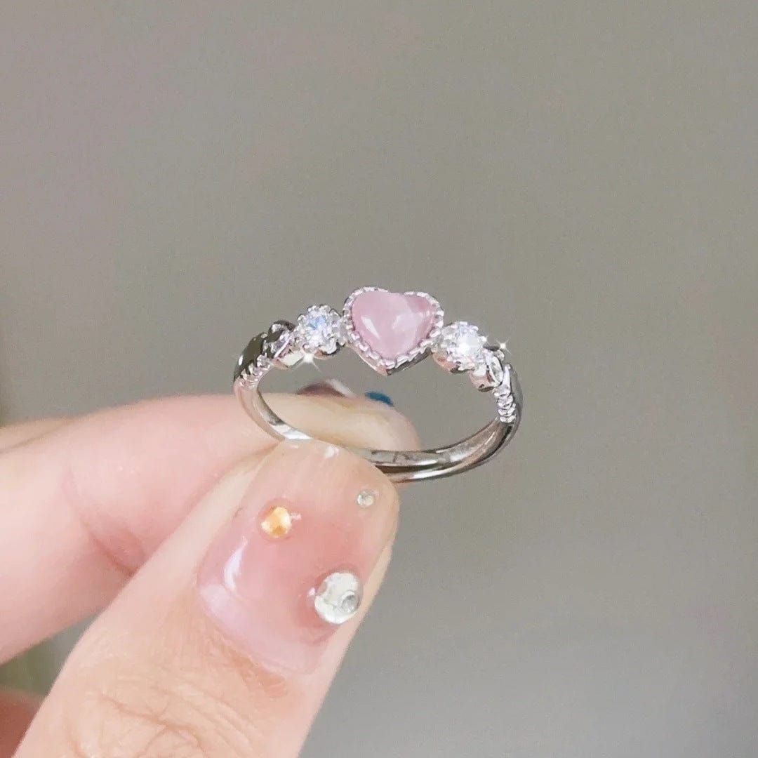 Chic CZ Inlaid Pink Opal Heart Ring - ArtGalleryZen