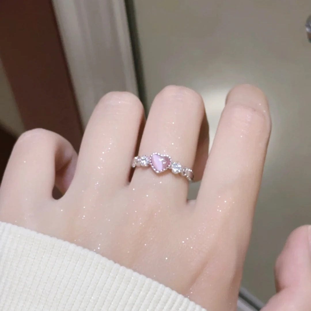 Chic CZ Inlaid Pink Opal Heart Ring - ArtGalleryZen