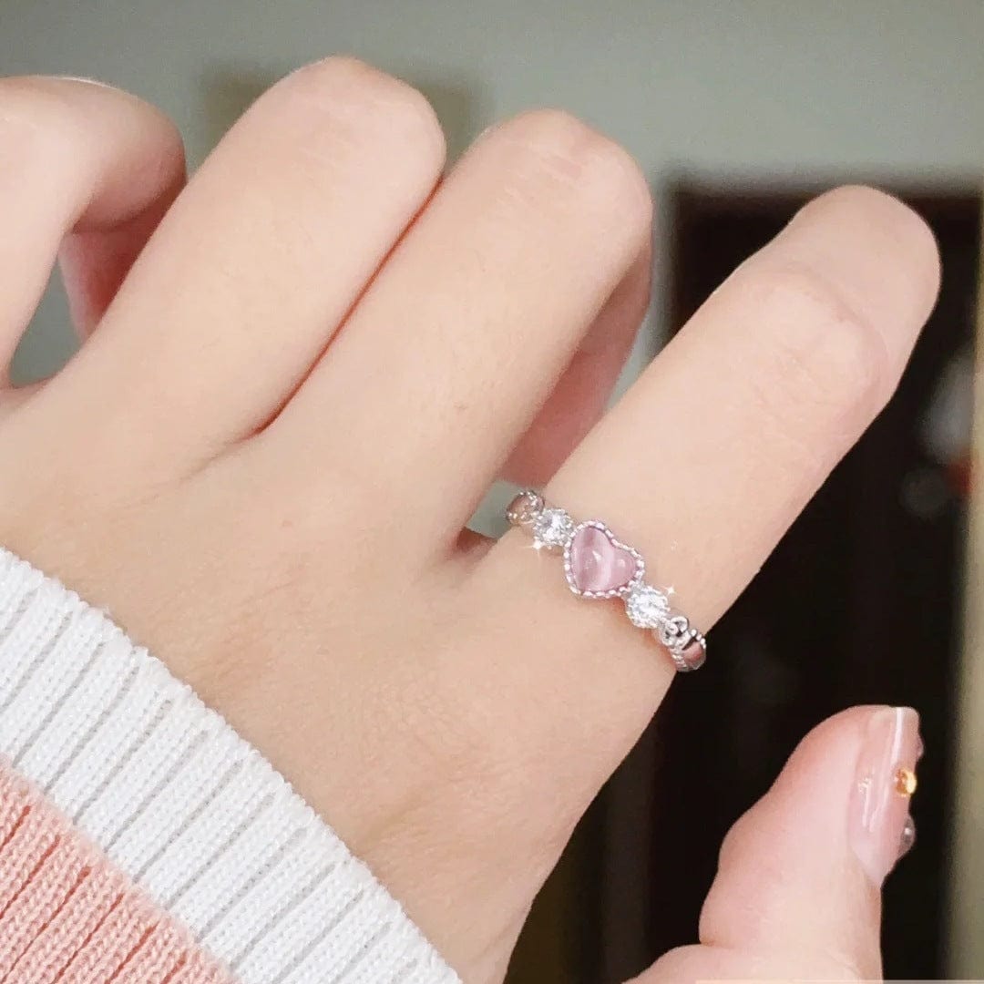 Chic CZ Inlaid Pink Opal Heart Ring - ArtGalleryZen