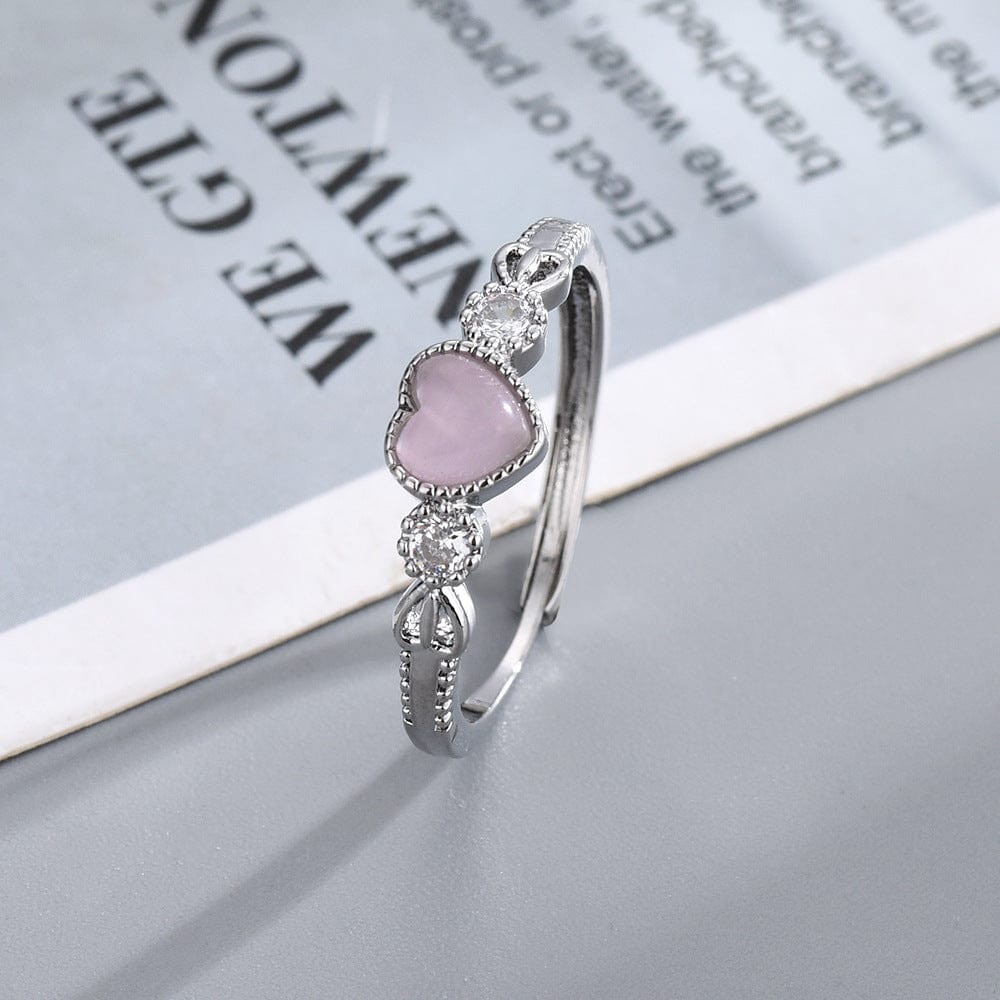 Chic CZ Inlaid Pink Opal Heart Ring - ArtGalleryZen