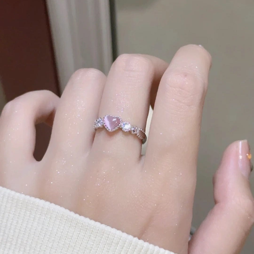 Chic CZ Inlaid Pink Opal Heart Ring - ArtGalleryZen