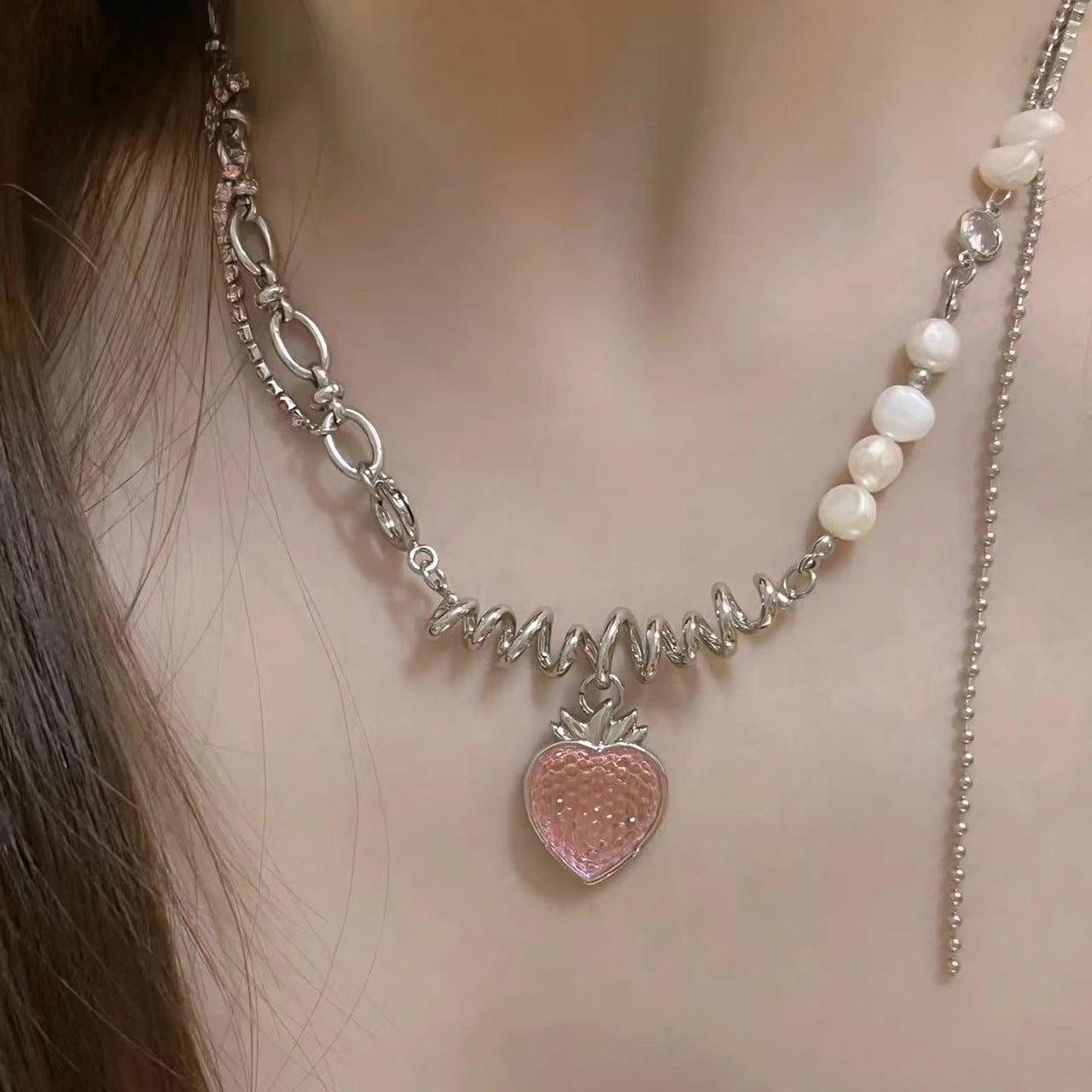 Chic CZ Inlaid Pink Strawberry Pendant Pearl Chain Choker Necklace - ArtGalleryZen