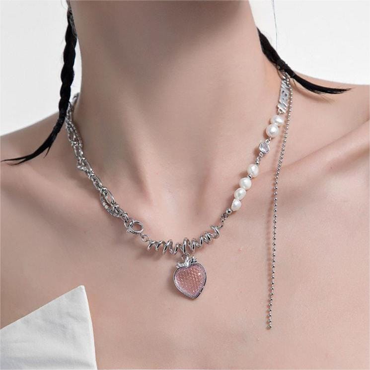 Chic CZ Inlaid Pink Strawberry Pendant Pearl Chain Choker Necklace - ArtGalleryZen