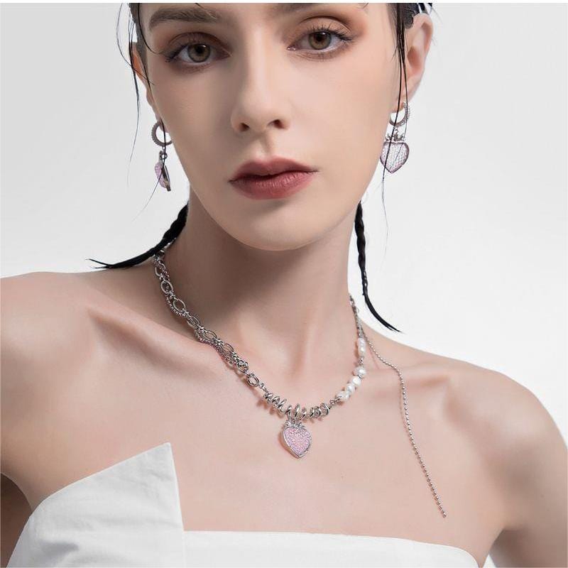 Chic CZ Inlaid Pink Strawberry Pendant Pearl Chain Choker Necklace - ArtGalleryZen