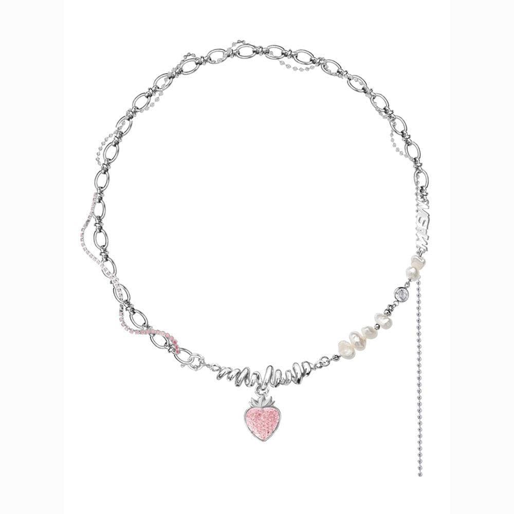 Chic CZ Inlaid Pink Strawberry Pendant Pearl Chain Choker Necklace - ArtGalleryZen