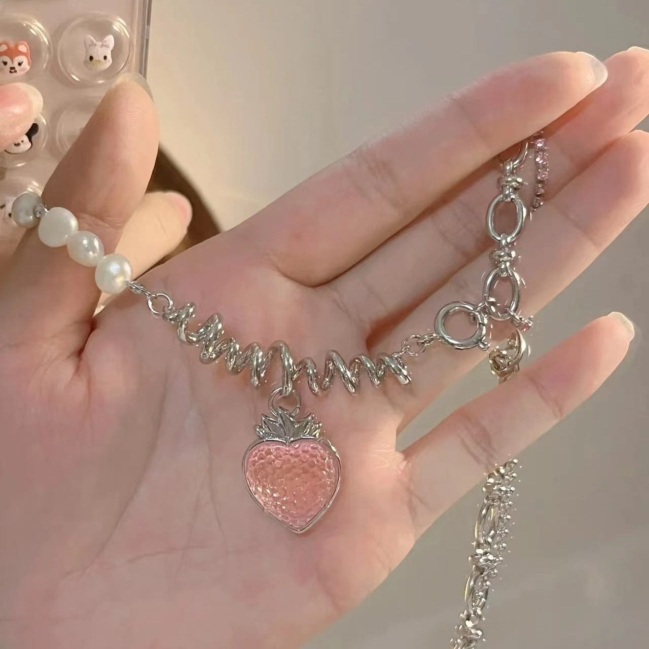 Chic CZ Inlaid Pink Strawberry Pendant Pearl Chain Choker Necklace - ArtGalleryZen