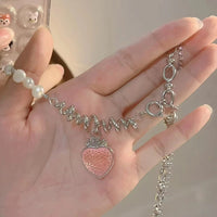 Thumbnail for Chic CZ Inlaid Pink Strawberry Pendant Pearl Chain Choker Necklace - ArtGalleryZen