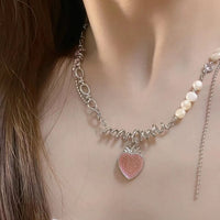 Thumbnail for Chic CZ Inlaid Pink Strawberry Pendant Pearl Chain Choker Necklace - ArtGalleryZen
