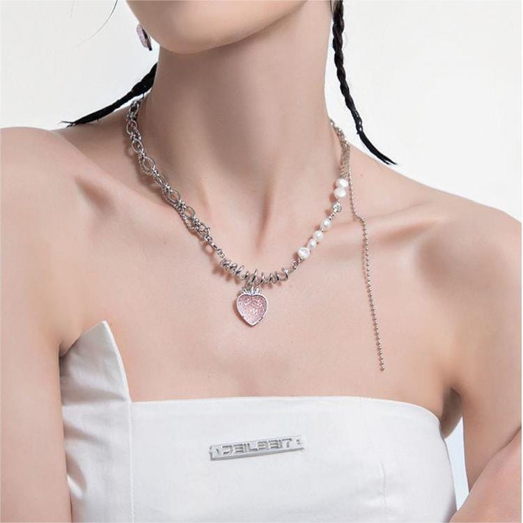 Chic CZ Inlaid Pink Strawberry Pendant Pearl Chain Choker Necklace - ArtGalleryZen
