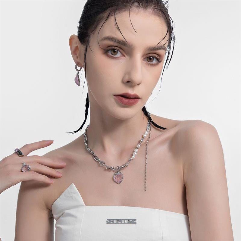 Chic CZ Inlaid Pink Strawberry Pendant Pearl Chain Choker Necklace - ArtGalleryZen