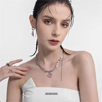 Thumbnail for Chic CZ Inlaid Pink Strawberry Pendant Pearl Chain Choker Necklace - ArtGalleryZen