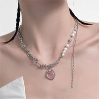 Chic CZ Inlaid Pink Opal Heart Cherry Blossom Pendant Necklace