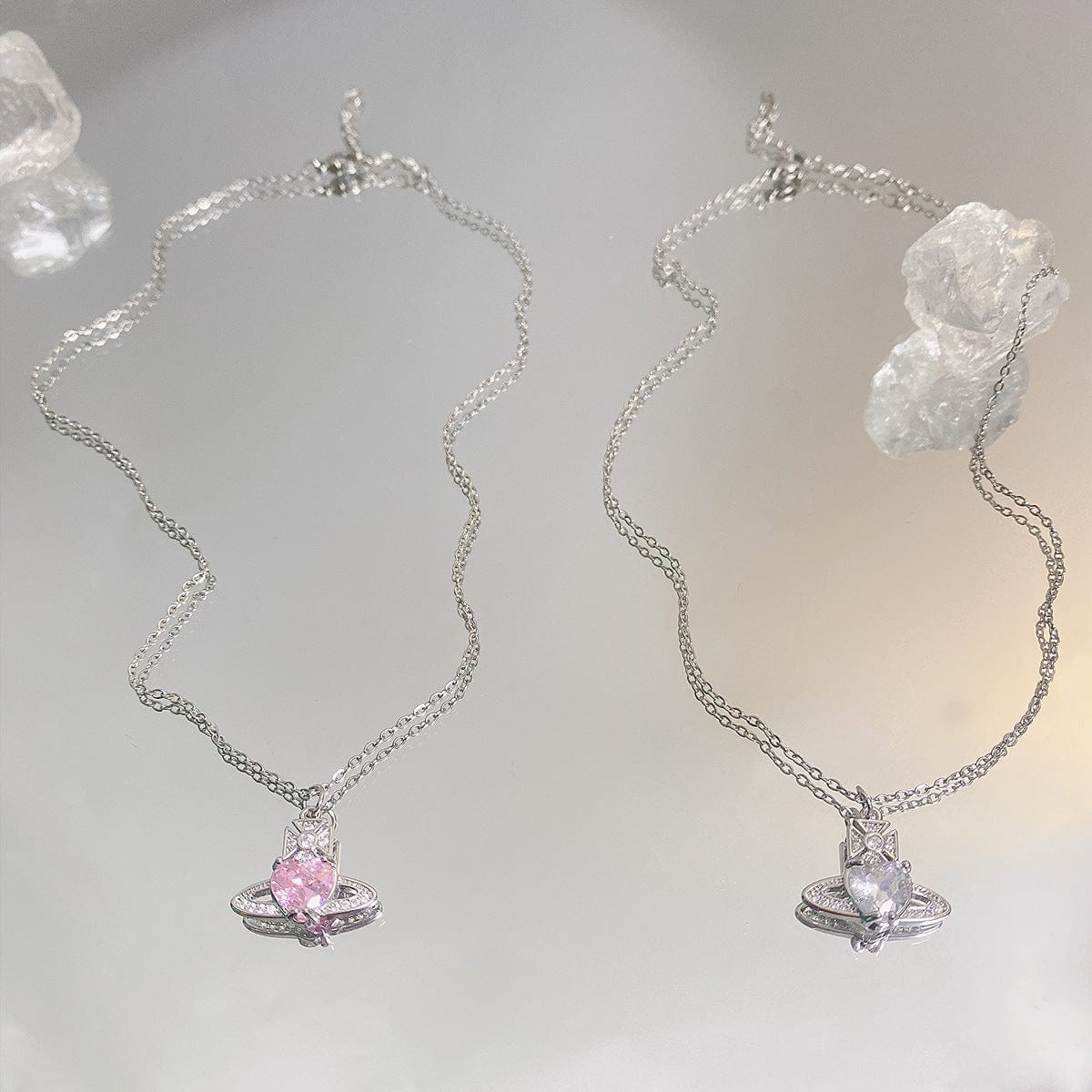 Chic CZ Inlaid Saturn Heart Necklace - ArtGalleryZen