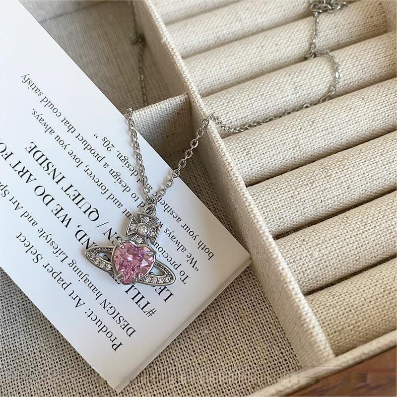 Chic CZ Inlaid Saturn Heart Necklace - ArtGalleryZen