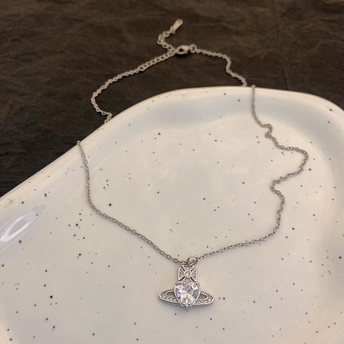 Chic CZ Inlaid Saturn Heart Necklace - ArtGalleryZen