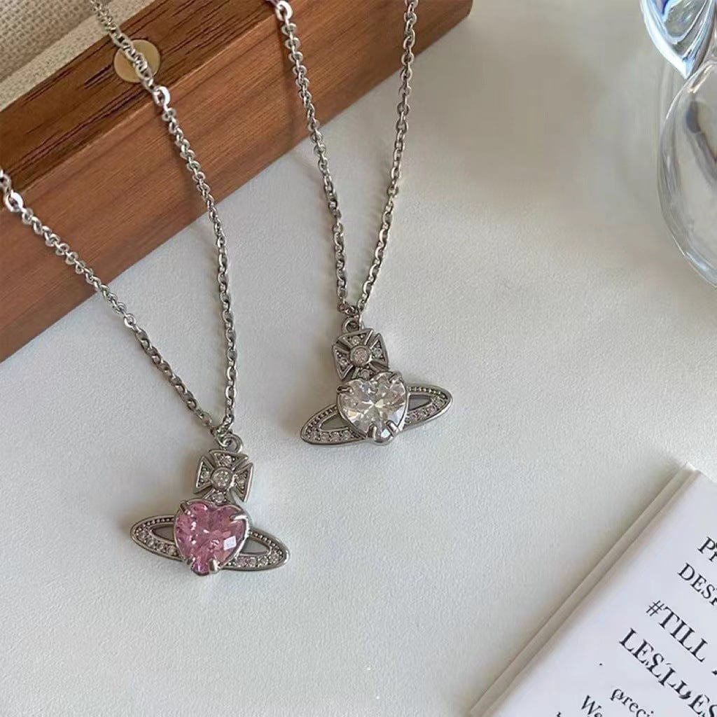 Chic CZ Inlaid Saturn Heart Necklace - ArtGalleryZen