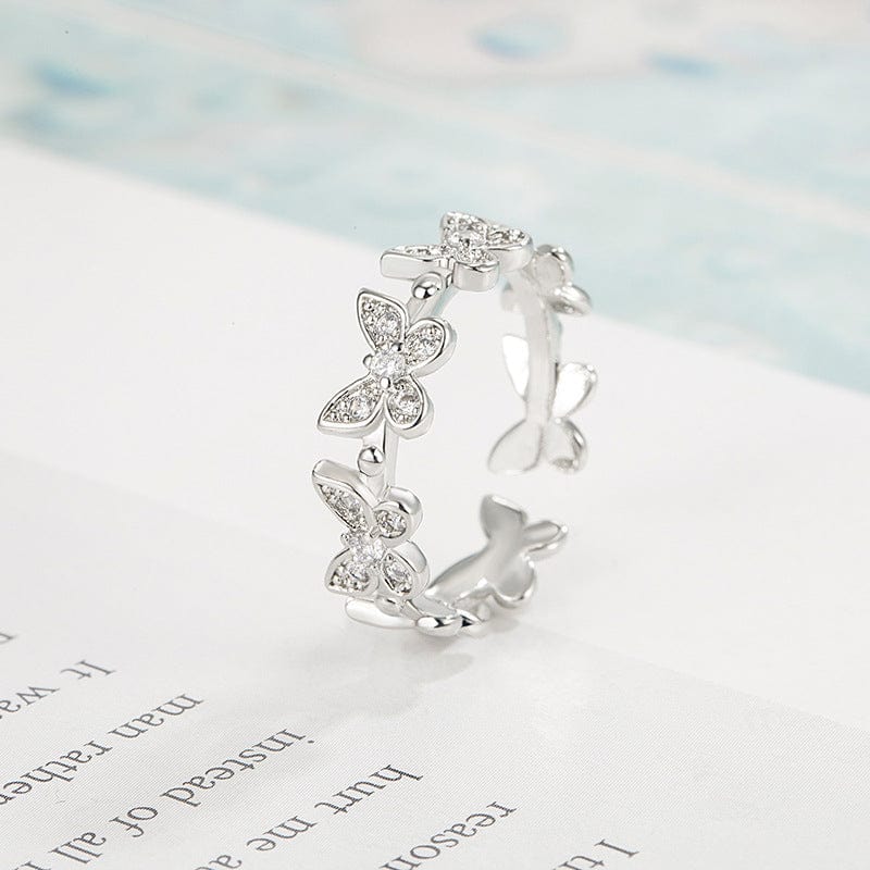 Chic CZ Inlaid Silver Butterfly Ring - ArtGalleryZen