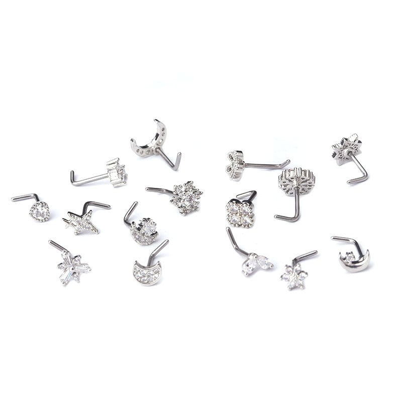 Chic CZ Inlaid Snowflake Moon Phase Star Titanium Nose Piercing Nose Stud - ArtGalleryZen