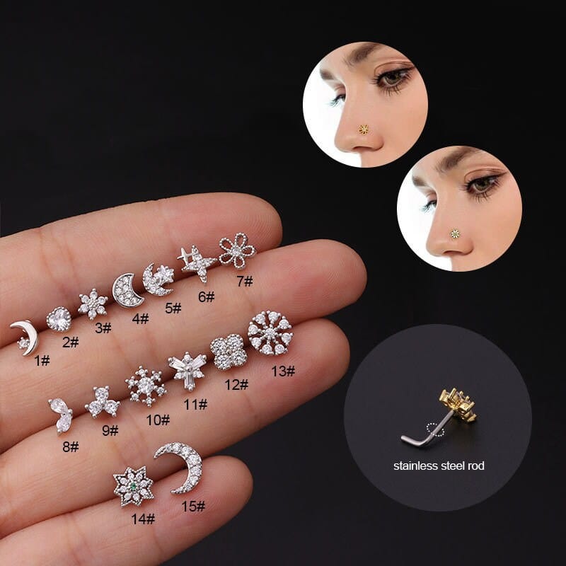 Chic CZ Inlaid Snowflake Moon Phase Star Titanium Nose Piercing Nose Stud - ArtGalleryZen