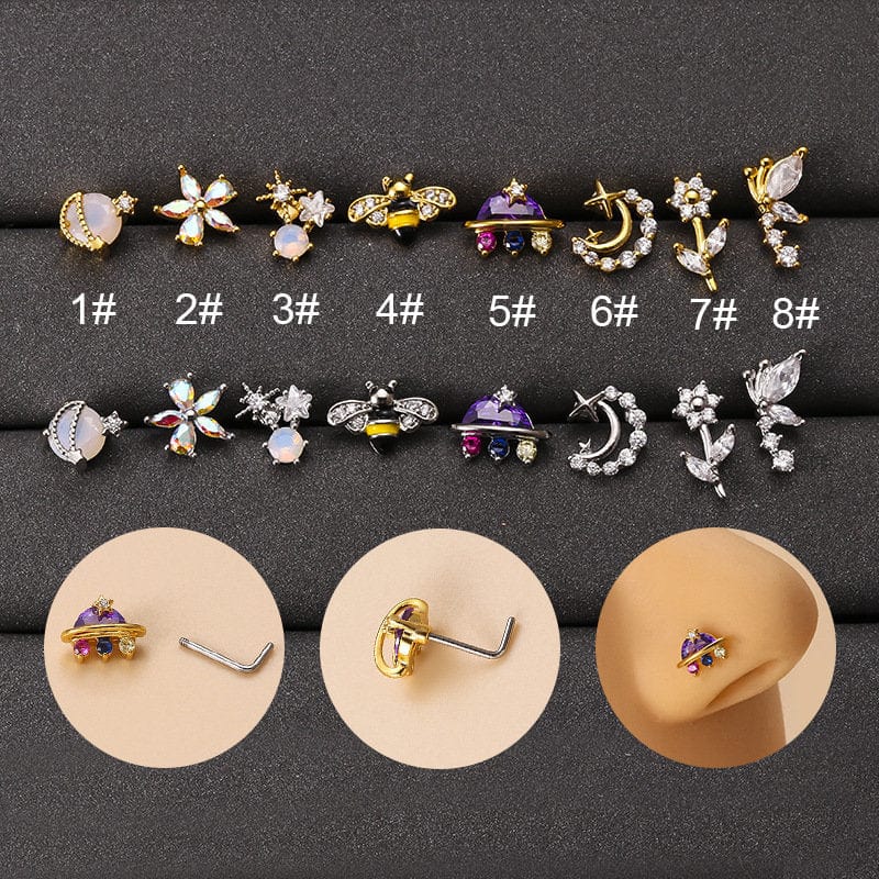 Chic CZ Inlaid UFO Moon Star Floral Nose Piercing Nose Stud - ArtGalleryZen