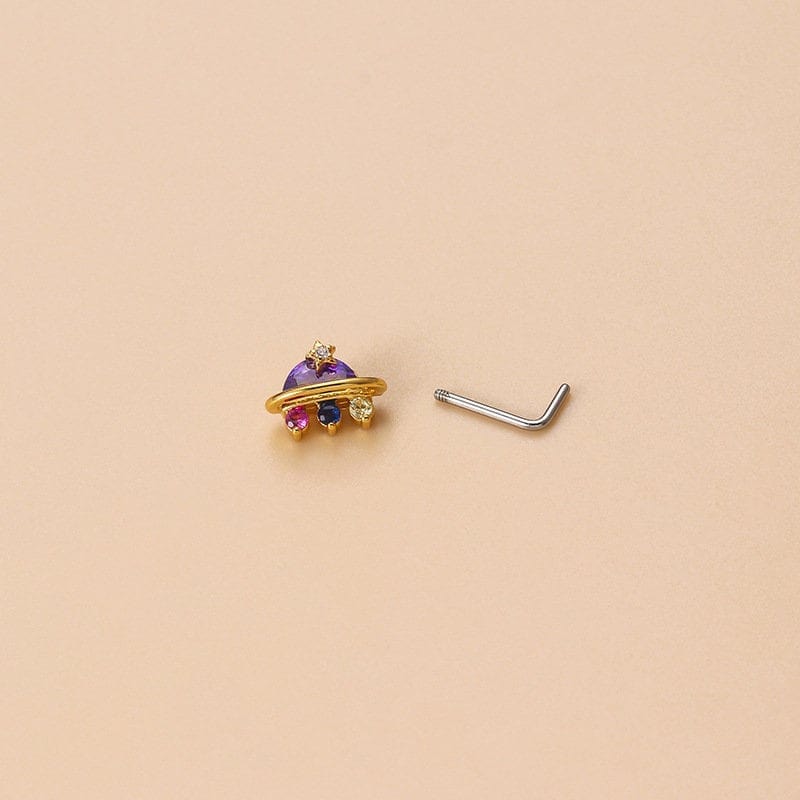 Chic CZ Inlaid UFO Moon Star Floral Nose Piercing Nose Stud - ArtGalleryZen