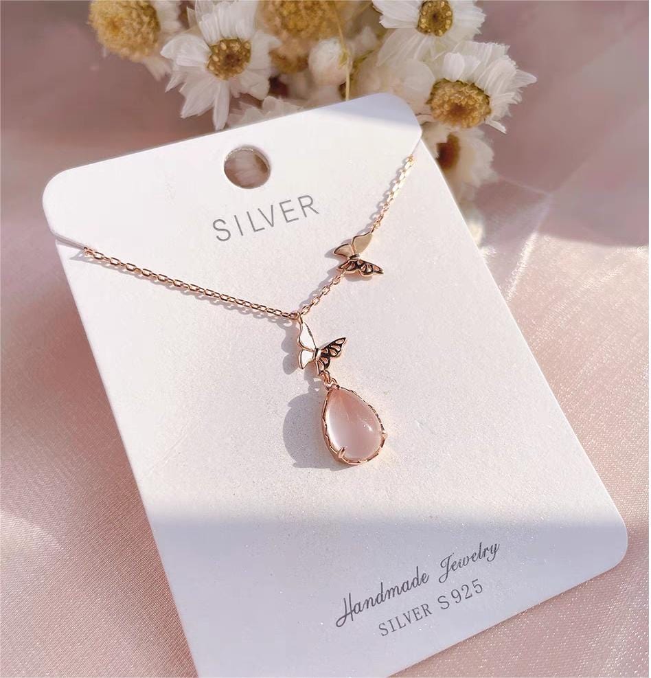 Chic Duo Enamel Butterfly Opal Pendant Necklace - ArtGalleryZen